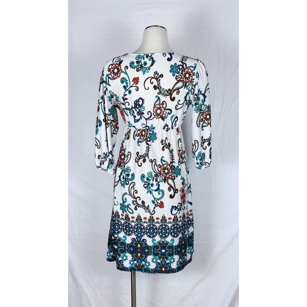 Paisley Print Deep V Neck Dress L Knee Length Puff Sleeve Summer Hippie Boho - Picture 2 of 10